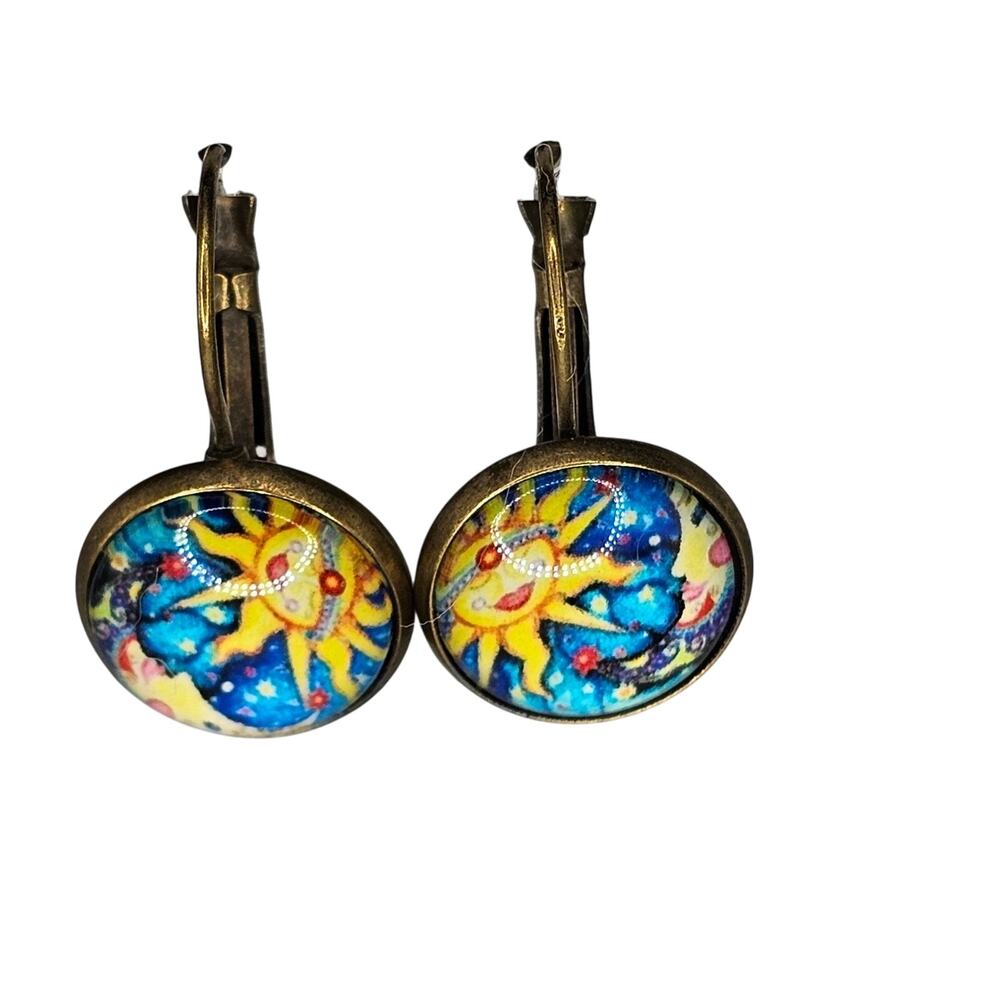 Celestial Costume Jewelry Earrings Sun Moon Fun Novelty Zen Round Brassy Tone